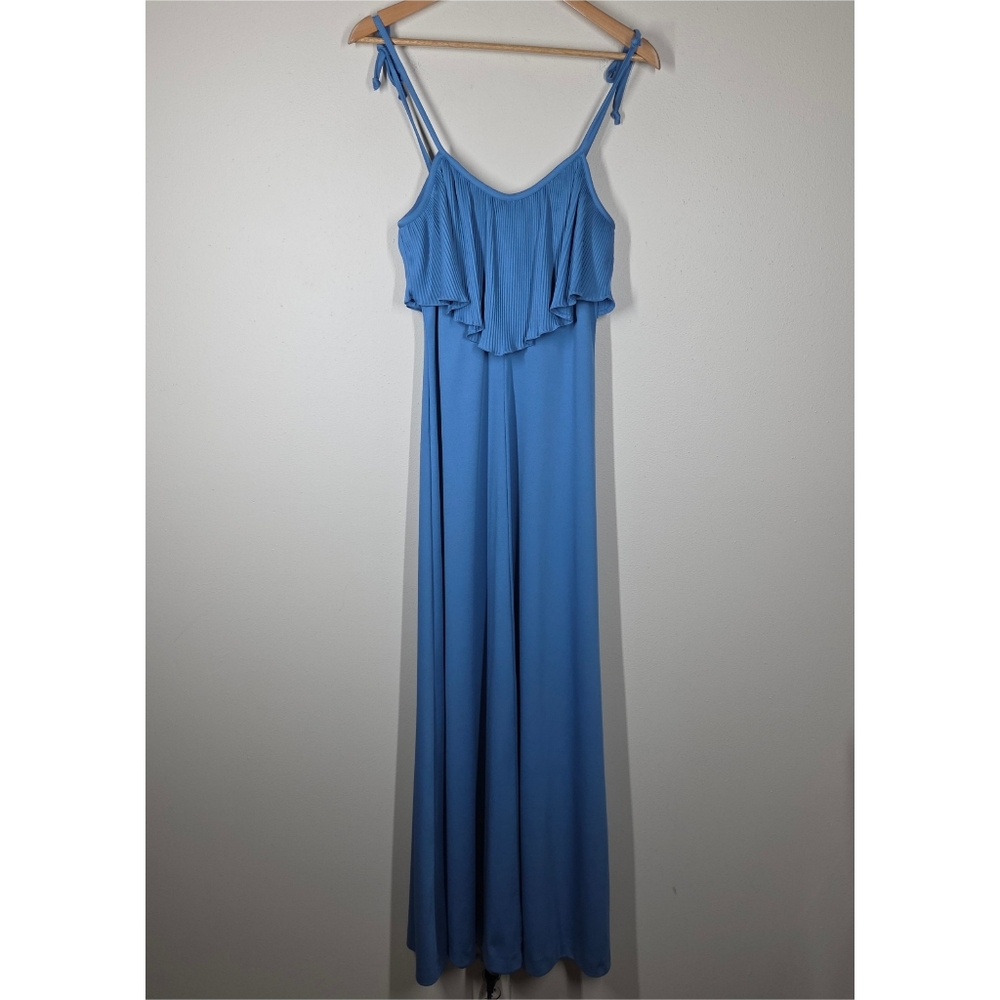 Vtg 70s Trolley Car Blue Maxi Dress Pleated Layered Bodice Tie Straps Sleeveless